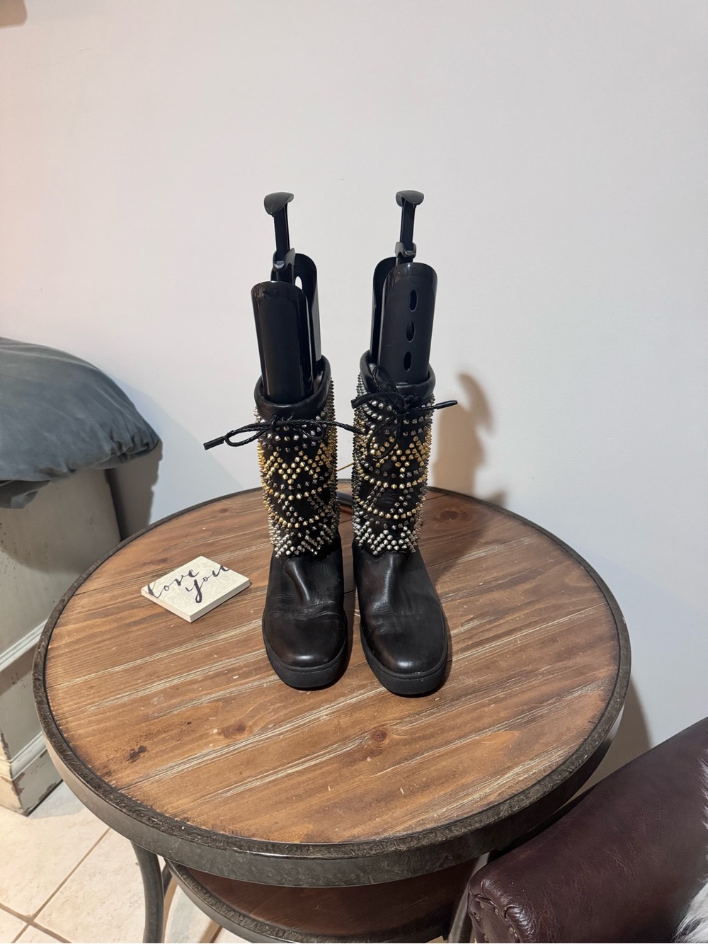 Christian Louboutin Black Lace-Up Mid-Calf Boots with Gold Bead Accents